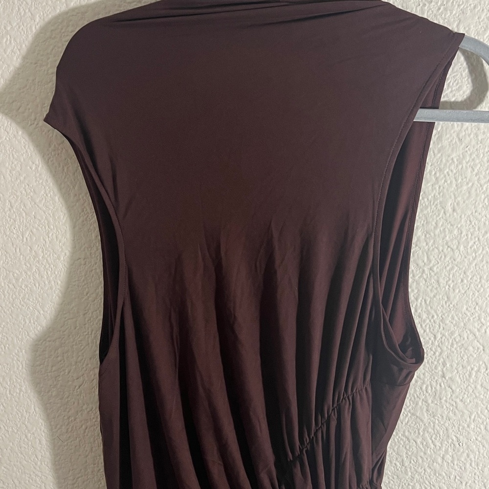 Anthropologie women’s Sz 2X Sleeveless Mock Neck Ruched Midi Dress Brown Bodycon - Picture 11 of 13